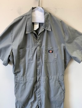 DICKIES, Gray, Poly/Cotton, Solid, Short Sleeves, Zip Front, Collar Attached, 6 Pockets, Elastic Waist in Back