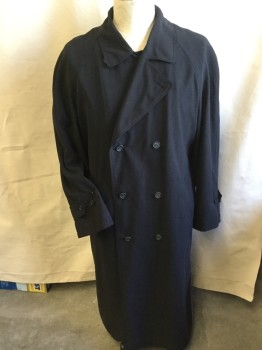 BILL BLASS, Black, Polyester, Viscose, Solid, Long Coat, Collar Attached, Double Breasted, Button Front, DETACHABLE LINING: (upper:shining Black, Bottom: Self Diagonal Black Wool), Raglan Long Sleeves with Short Strap & 2 Buttons, Flap Upper Back, 1 Kick Pleat Back Center Hem, Self DETACHABLE BELT with Black Leather Rectangle Buckle