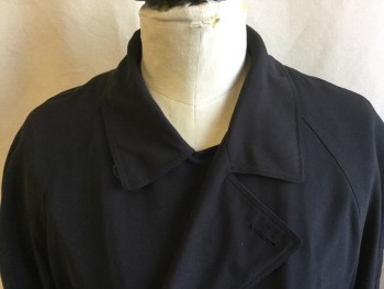 BILL BLASS, Black, Polyester, Viscose, Solid, Long Coat, Collar Attached, Double Breasted, Button Front, DETACHABLE LINING: (upper:shining Black, Bottom: Self Diagonal Black Wool), Raglan Long Sleeves with Short Strap & 2 Buttons, Flap Upper Back, 1 Kick Pleat Back Center Hem, Self DETACHABLE BELT with Black Leather Rectangle Buckle