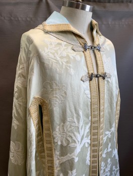 Unisex, Sci-Fi/Fantasy Cape/Cloak, N/L MTO, Bone White, Cream, Silk, Floral, Brocade, 2 Large Pewter Metal "Frog" Closures at Front, Cream Trim at Front Opening and Arm Holes, Stand Collar, Floor Length, Light Brown Faux Fur at Hem, Light Blue Lining, Made To Order, Fantasy Historical-esque