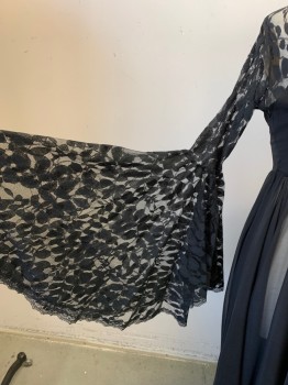 Womens, Dress, Long & 3/4 Sleeve, N/L, Black, Polyester, Nylon, Solid, W 27, B 34, Sheer Mesh Dress, Black Lace Bell Sleeves and Back Yoke, Keyhole Back, Back Zip, V-neck, Unfinished Hem, Floor Length, Could Be a Sexy Nightgown