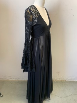 N/L, Black, Polyester, Nylon, Solid, Sheer Mesh Dress, Black Lace Bell Sleeves and Back Yoke, Keyhole Back, Back Zip, V-neck, Unfinished Hem, Floor Length, Could Be a Sexy Nightgown