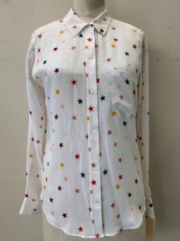 RAILS, White, Red Burgundy, Forest Green, Mustard Yellow, Red, Silk, Stars, Button Front, Collar Attached, Long Sleeves, 1 Pocket,