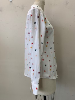 RAILS, White, Red Burgundy, Forest Green, Mustard Yellow, Red, Silk, Stars, Button Front, Collar Attached, Long Sleeves, 1 Pocket,