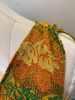 Womens, Dress, Sleeveless, FREE PEOPLE, Mustard Yellow, Red, Teal Green, Gray, White, Polyester, Floral, Abstract , M, Dotted/Dashed Pattern Chiffon, Wide Cowl-like Scoop Neck, Drawstrings at Shoulders, Elastic Waist, Hem Below Knee