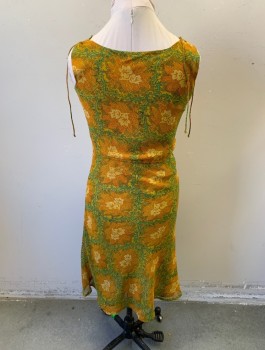 Womens, Dress, Sleeveless, FREE PEOPLE, Mustard Yellow, Red, Teal Green, Gray, White, Polyester, Floral, Abstract , M, Dotted/Dashed Pattern Chiffon, Wide Cowl-like Scoop Neck, Drawstrings at Shoulders, Elastic Waist, Hem Below Knee
