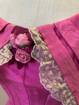 Womens, Historical Fiction Dress, N/L MTO, Bubble Gum Pink, Polyester, Solid, W:24, B:32, Ball Gown, Taffeta, Short Sleeves, Wide Scoop Neck, with Large Pointed Collar with Cream and Gold Lace Trim, Pink Rosette at Bust, Boned Bodice Attached to Skirt, V Shaped Waist, Made To Order Historical Fantasy, 1800s