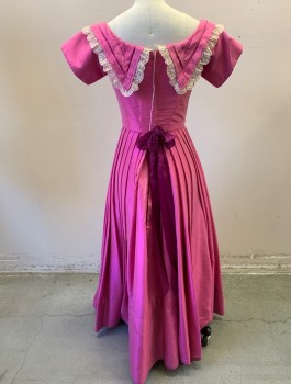 Womens, Historical Fiction Dress, N/L MTO, Bubble Gum Pink, Polyester, Solid, W:24, B:32, Ball Gown, Taffeta, Short Sleeves, Wide Scoop Neck, with Large Pointed Collar with Cream and Gold Lace Trim, Pink Rosette at Bust, Boned Bodice Attached to Skirt, V Shaped Waist, Made To Order Historical Fantasy, 1800s