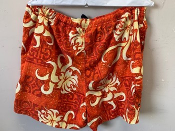 Mens, Swim Trunks, QUICKSILVER, Orange, Red, Yellow, Synthetic, Floral, Novelty Pattern, L, Elastic Waist & Drawstring,