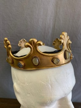 Unisex, Historical Fiction Headpiece, N/L MTO, Gold, Gray, Metallic/Metal, Crown, Gold Metal, Cloudy Gray and Green Stones in Oval and Rounded Square Shapes Around Brim, Scallopped Extensions Sticking Out, Made To Order, Padded with Black Nylon