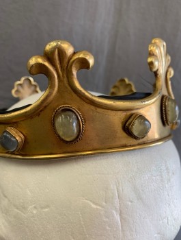 Unisex, Historical Fiction Headpiece, N/L MTO, Gold, Gray, Metallic/Metal, Crown, Gold Metal, Cloudy Gray and Green Stones in Oval and Rounded Square Shapes Around Brim, Scallopped Extensions Sticking Out, Made To Order, Padded with Black Nylon