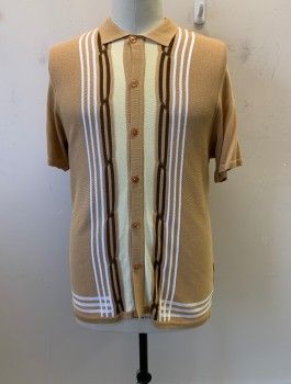 Mens, Casual Shirt, EDITION S, Tan Brown, Multi-color, Rayon, Stripes, XL, C.A., Button Front, S/S, Brown, Cream, and White Stripes on Front