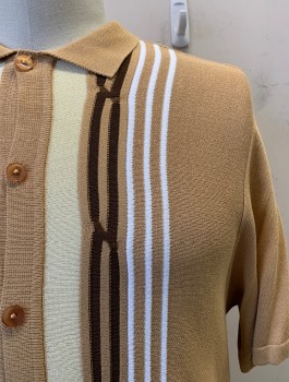 EDITION S, Tan Brown, Multi-color, Rayon, Stripes, C.A., Button Front, S/S, Brown, Cream, and White Stripes on Front