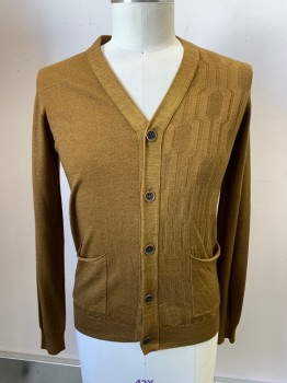 DIESEL, Ochre Brown-Yellow, Wool, Solid, L/S, V Neck, Button Front, Top Pockets