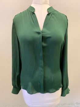 LAGENCE, Forest Green, Silk, Solid, Stand Collar, V-neck, Button Front, Long Sleeves