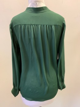 LAGENCE, Forest Green, Silk, Solid, Stand Collar, V-neck, Button Front, Long Sleeves