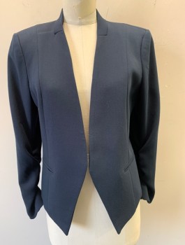 Womens, Blazer, ARMANI EXCHANGE, Navy Blue, Polyester, Viscose, Solid, Sz.6, Open Front with No Closures, No Lapel, V-neck, 2 Welt Pockets, Lightly Padded Shoulders, Ruching at Wrists