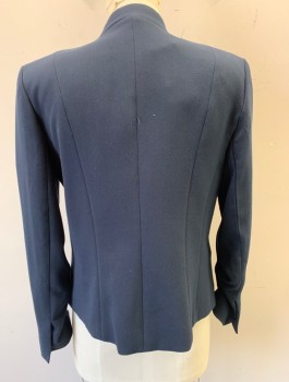 Womens, Blazer, ARMANI EXCHANGE, Navy Blue, Polyester, Viscose, Solid, Sz.6, Open Front with No Closures, No Lapel, V-neck, 2 Welt Pockets, Lightly Padded Shoulders, Ruching at Wrists