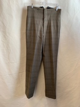Mens, Pants 1890s-1910s, MTO, Brown, Dk Green, Wool, Plaid, 32/30, High Waist, Button Fly, Suspender Buttons, 2 Pockets, Split Back Waist,