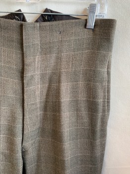 Mens, Pants 1890s-1910s, MTO, Brown, Dk Green, Wool, Plaid, 32/30, High Waist, Button Fly, Suspender Buttons, 2 Pockets, Split Back Waist,