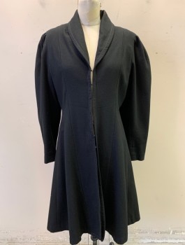 Womens, Coat 1890s-1910s, B:36, Black, Wool, Solid, B:36, Puffy Sleeves Gathered at Shoulders, Shawl Lapel, Hook and Eye Closures at Front, Padded Shoulders, Below Hip Length, Made To Order