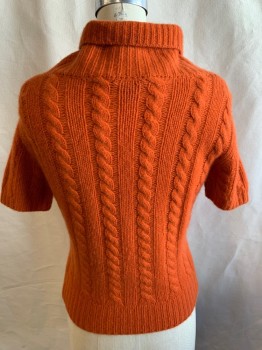 MENDOCINO, Pumpkin Spice Orange, Cashmere, Solid, Cable Knit, Ribbed Knit Turtleneck, Short Sleeves, Ribbed Knit Waistband/Cuff