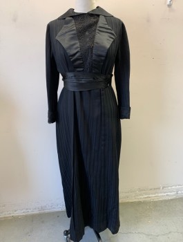 Womens, Dress 1890s-1910s, N/L, Black, Wool, Silk, W:34, B:42, H:46, Self Stripe Texture, Long Sleeves, Silk Satin Pointed Lapel and Collar, Lace Panel at Center of Bodice, Attached Self Belt, Lace at Cuffs,