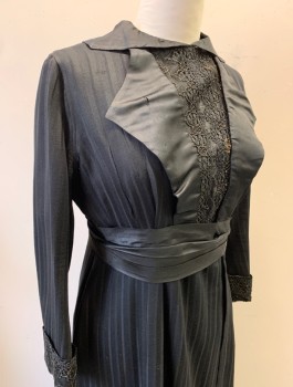 Womens, Dress 1890s-1910s, N/L, Black, Wool, Silk, W:34, B:42, H:46, Self Stripe Texture, Long Sleeves, Silk Satin Pointed Lapel and Collar, Lace Panel at Center of Bodice, Attached Self Belt, Lace at Cuffs,