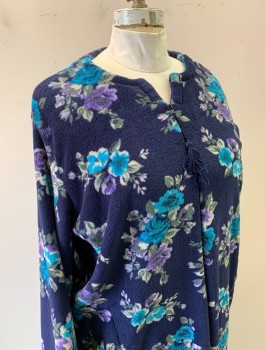 Womens, SPA Robe, MISS ELAINE, Navy Blue, Lavender Purple, Turquoise Blue, Gray, Polyester, Floral, XL, Fleece, Zip Front, Round Neck with Notch, Navy Tassle Zipper Pull, Long Sleeves, 2 Pockets, Ankle Length