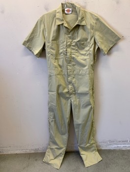 Mens, Coveralls/Jumpsuit, DICKIES, Tan Brown, Poly/Cotton, Solid, Tall, 40 , S/S, Zip Front, Collar Attached, Elastic at Sides of Waist, 6 Pockets: 2 on Chest, 2 at Sides, 2 in Back