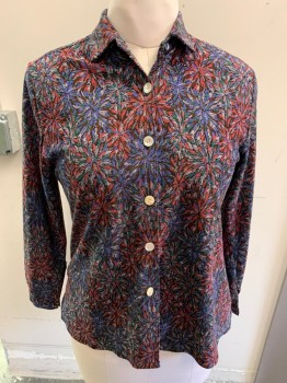 Womens, Blouse, N/L, Black, Dusty Red, Cornflower Blue, Gray, Dk Green, Polyester, Floral, B: 36, L/S, Button Front, C.A.,