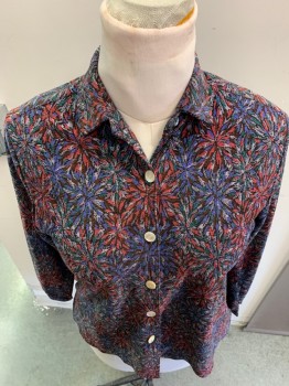 Womens, Blouse, N/L, Black, Dusty Red, Cornflower Blue, Gray, Dk Green, Polyester, Floral, B: 36, L/S, Button Front, C.A.,