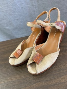 Womens, Shoes, RE-MIX, Brown, Taupe, Leather, Suede, 8, Reproduction Peep Toe Wedges, Taupe Suede Upper with Faux Snakeskin Look Leather Platform, Square Leather Detail at Toe, Wedge is 3" High