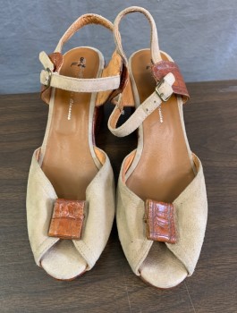 Womens, Shoes, RE-MIX, Brown, Taupe, Leather, Suede, 8, Reproduction Peep Toe Wedges, Taupe Suede Upper with Faux Snakeskin Look Leather Platform, Square Leather Detail at Toe, Wedge is 3" High