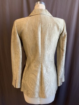 KYM BARRETT, Pewter Gray, Silk, Paisley/Swirls, Brocade, Long, Single Breasted, Collar Attached, Peaked Lapel, Long Sleeves