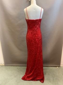 XSCAPE, Red, Sequins, Polyester, Solid, Scoop Neck, Spaghetti Straps, Back Zipper, Side Slit