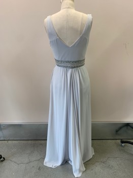 JULIET, Lt Gray, Polyester, Beaded, Solid, Geometric, Slvls, V-N, V-back, Iridescent Beads And Rhinestones CF And Waistband, Flared Skirt with Gathers CF And Cb, Side Zip, Full Length