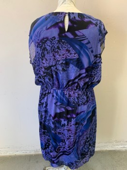 SOHO, Purple, Violet Purple, Royal Purple, Black, Polyester, Abstract , Floral, Elastic Waist, Keyhole Center Back with Button, Ruffles at Neck