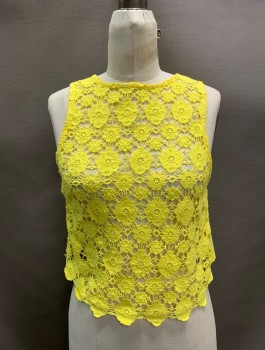 TOPSHOP, Yellow, Cotton, Floral, Solid, Round Neck, Slvls, Floral Crochet Front,