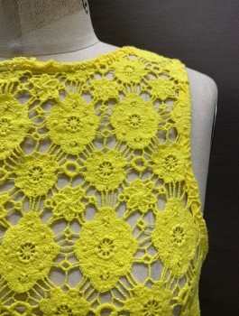 TOPSHOP, Yellow, Cotton, Floral, Solid, Round Neck, Slvls, Floral Crochet Front,