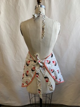 Womens, Apron , NL, White, Pink, Red, Cotton, Squares, OS, Bib Apron, Cupcake Pattern, 2 Pockets with Bows, Peach Color Trim