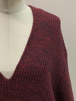 URBAN OUTFITTERS, Red Burgundy, Red, Wool, 2 Color Weave, L/S, V Neck, Knit