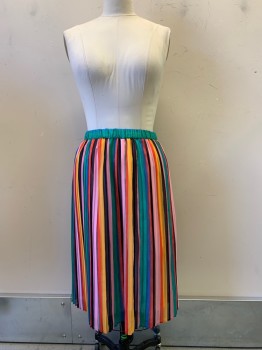 Womens, Skirt, Long, WHO WHAT WEAR, Green, Pink, Red, Orange, Blue, Polyester, Stripes, M, Pleated, Elastic Waist Band
