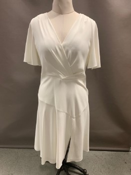 ELIE TAHARI, White, Triacetate, Polyester, Solid, V-N, Pleated Bust, Zip Back,