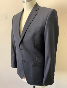 LAUREN RALPH LAUREN, Black, Wool, Lycra, Solid, Single Breasted, Notched Lapel, 2 Buttons, Hand Picked Stitching, 3 Pockets, Slim Fit
