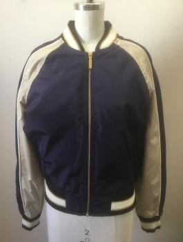 BP, Navy Blue, Taupe, White, Gold, Polyester, Solid, Bomber, Navy with Taupe Panels at Shoulders, Zip Front, Black with White and Gold Metallic Striped Rib Knit at Neck/Cuffs/Waistband