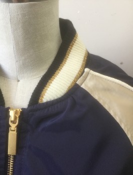 BP, Navy Blue, Taupe, White, Gold, Polyester, Solid, Bomber, Navy with Taupe Panels at Shoulders, Zip Front, Black with White and Gold Metallic Striped Rib Knit at Neck/Cuffs/Waistband