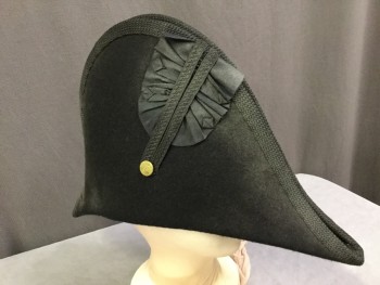 Mens, Historical Fiction Hat , M.B.A. Ltd, Black, Brass Metallic, Wool, Solid, 59cm, Bi-corn, Web Binding, Grosgrain Decoration with Embossed Ribbon and Brass Button, Aged/Distressed,