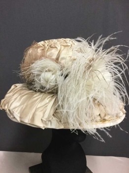 Womens, Hat 1890s-1910s, Champagne, Gray, Lt Beige, Silk, Feathers, Solid, 18" Exterior Diameter, Brain-like Creasing On Crown, Lt Beige Colored Tulle Over Gray Band, Fluffy Feathers,