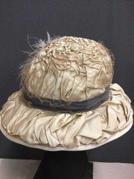 Womens, Hat 1890s-1910s, Champagne, Gray, Lt Beige, Silk, Feathers, Solid, 18" Exterior Diameter, Brain-like Creasing On Crown, Lt Beige Colored Tulle Over Gray Band, Fluffy Feathers,